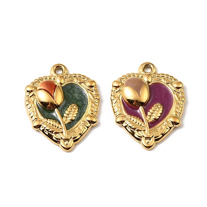 304 подвески из нержавеющей стали, сердце с цветочными подвесками, с эмалью, реальный 18 k позолоченный, ионное покрытие (ip)
