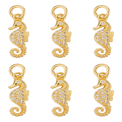 6Stk. Messing Micro Pave Zirkonia Anhänger, mit Sprungring, Seepferdchen-Anhänger