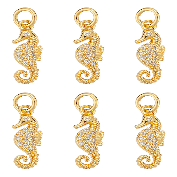 6Stk. Messing Micro Pave Zirkonia Anhänger, mit Sprungring, Seepferdchen-Anhänger