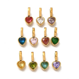 Ion Plating(IP) 304 Stainless Steel Rhinestone Pendants, Heart Charms, Real 14K Gold Plated