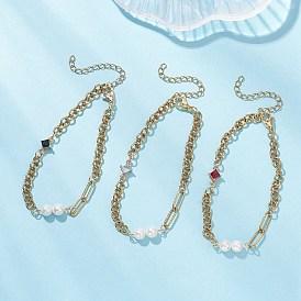 3 шт. 304 браслеты-цепочки из нержавеющей стали с цепочками-скрепками и роллерами, Комплект браслетов из ракушечных бусин и латунного стекла в форме ромба для женщин