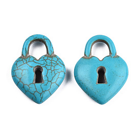 Synthetic Turquoise Gemstone Pendants, Dyed, Heart Padlock