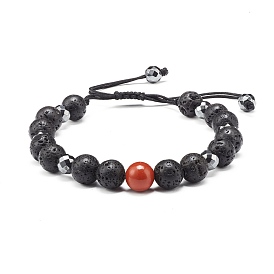 Anti Depression and Anxiety Relief Braided Bead Bracelet for Gift, Natural Red Jasper & Lava Rock & Synthetic Hematite Beads Bracelet