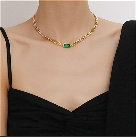 Multi-layered Crystal Choker Necklace with Green Square Stone Pendant