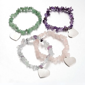 Bracelets de charme de pierres précieuses, avec pendentifs coeur en alliage de platine plaqué, 54mm