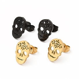 Halloween Skull with Flower 304 Stainless Steel Stud Earrings for Women