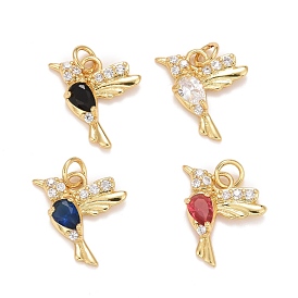 Cubic Zirconia Pendants, with Rack Plating Real 18K Gold Plated Brass, with Jump Rings, Long-Lasting Plated, Lead Free & Cadmium Free & Nickel Free, Bird