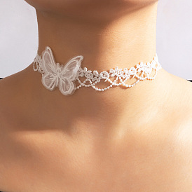 Sexy White Butterfly Lace Choker Necklace with Geometric Fabric Design