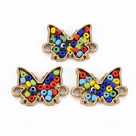 Alloy Enamel Links Connectors, with Glass Seed Beads, Light Gold, Butterfly