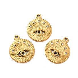 304 Stainless Steel Pendants, with Crystal Rhinestone, Flat Round with Eye Charms