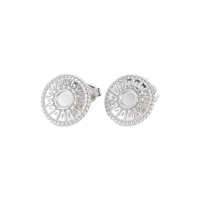 304 Stainless Steel Stud Earring Findings, Earring Setting for Enamel, with Ear Nuts and Loop, Flat Round with Sun