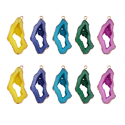 5 Colors Druzy Resin Pendants, Imitation Geode Druzy Agate Slices, with Edge Light Gold Plated Iron Loops, Nuggets