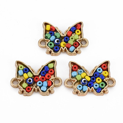 Alloy Enamel Links Connectors, with Glass Seed Beads, Light Gold, Butterfly