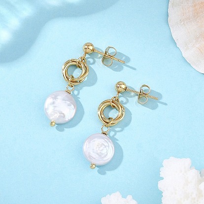 Natural Nucleated Baroque Pearl Flat Round Dangle Earrings for Women, 304 Stainless Steel Stud Earring