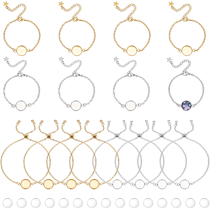 16 pièces 4 styles 304 fabrication de bracelets en chaîne à maillons en acier inoxydable, à fermoir pince de homard et cabochons ronds plats, avec cabochons en verre transparent 16pcs