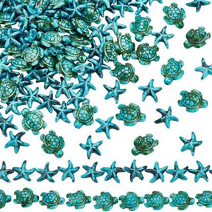 4 нити 2 стили синтетические бирюзовые окрашенные бусины нити, эффект впрыска топлива, морская звезда и морская черепаха