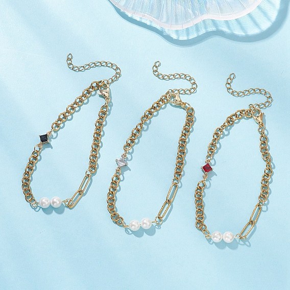 3 шт. 304 браслеты-цепочки из нержавеющей стали с цепочками-скрепками и роллерами, Комплект браслетов из ракушечных бусин и латунного стекла в форме ромба для женщин