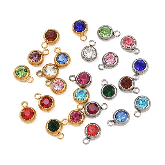 Камень рождения 201 подвески из нержавеющей стали со стразами, плоско-круглые, разноцветные, граненые