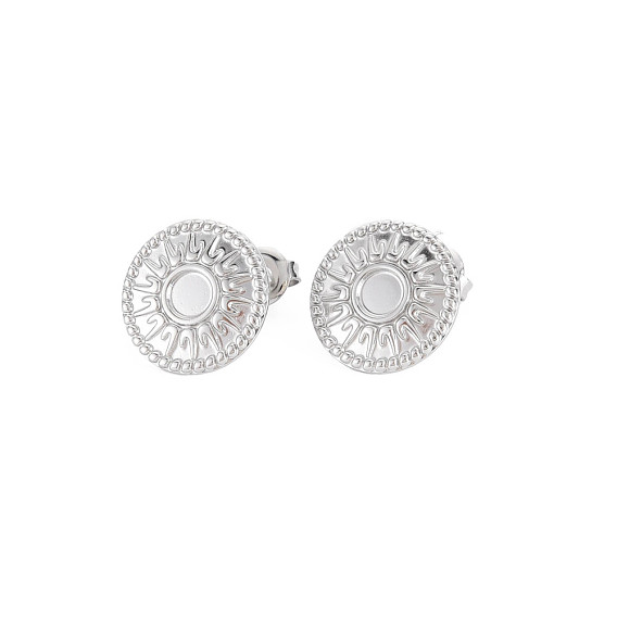 304 Stainless Steel Stud Earring Findings, Earring Setting for Enamel, with Ear Nuts and Loop, Flat Round with Sun