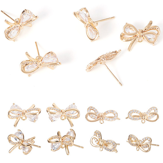 4 пары 2 стили латунные микропаве прозрачные кубические цирконии серьги-гвоздики фурнитура, с горизонтальными петлями, без никеля , бантом