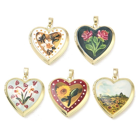 Printed Brass Locket Pendants, Heart with Flower Charms