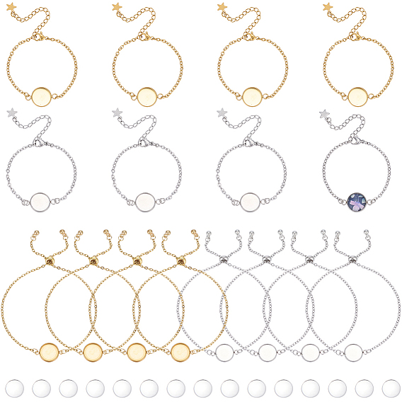 16 pièces 4 styles 304 fabrication de bracelets en chaîne à maillons en acier inoxydable, à fermoir pince de homard et cabochons ronds plats, avec cabochons en verre transparent 16pcs