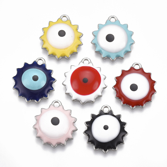Alloy Pendants, with Enamel, Flower with Evil Eye, Platinum