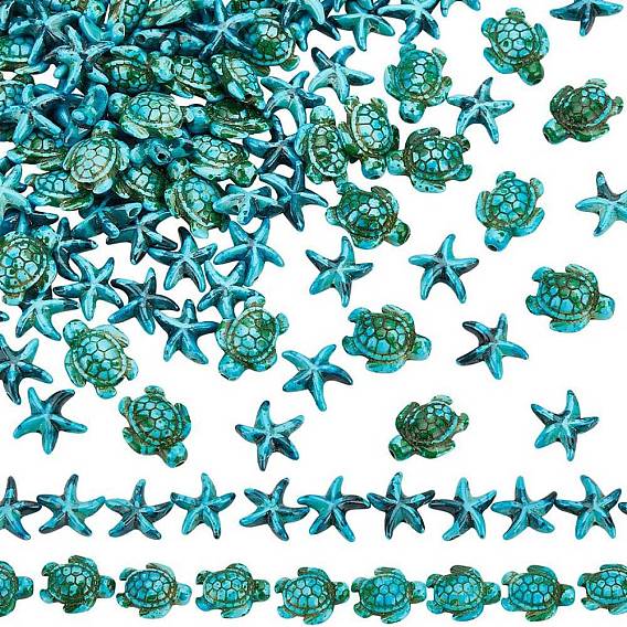 4 нити 2 стили синтетические бирюзовые окрашенные бусины нити, эффект впрыска топлива, морская звезда и морская черепаха