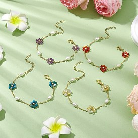 4Pcs Natural Gemstone & Shell Pearl Beaded Link Bracelet Sets for Women, Flower