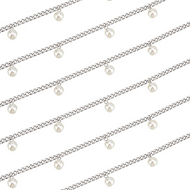 PandaHall Elite 2M 304 Stainless Steel Cuban Link Chain, with Acrylic Pearl Beads with Brass Bead Cap Pendant Bails, Unwelded