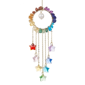 Glass Star Pendant Decorations, with Wire Wrapped Chakra Gemstone Chips and Natural Cultured Freshwater Pearl, for Home Decorations