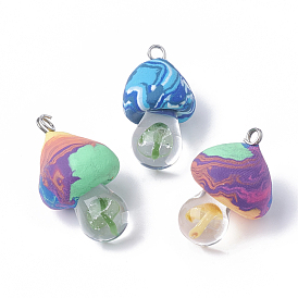 Handmade Polymer Clay Pendants, with Lampwork & Iron Findings, Mushroom