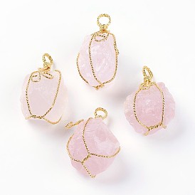 Natural Rose Quartz Big Pendants, with Golden Plated Brass Wire, Nuggets