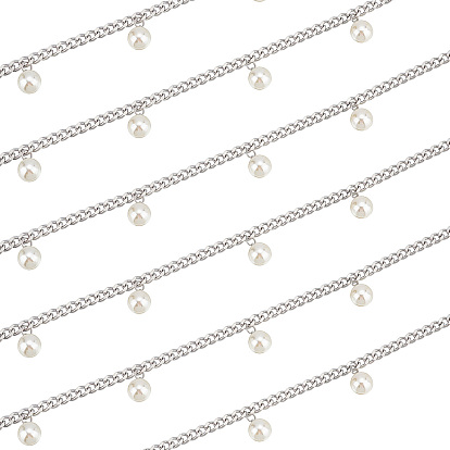 2M 304 Stainless Steel Cuban Link Chain, with Acrylic Pearl Beads with Brass Bead Cap Pendant Bails, Unwelded