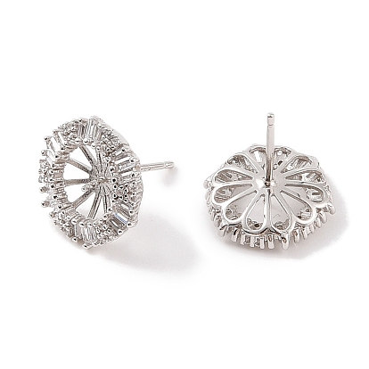 925 Sterling Silver Micro Pave Cubic Zirconia Earring Settings Findings, for Half Drilled Beads, Flat Round