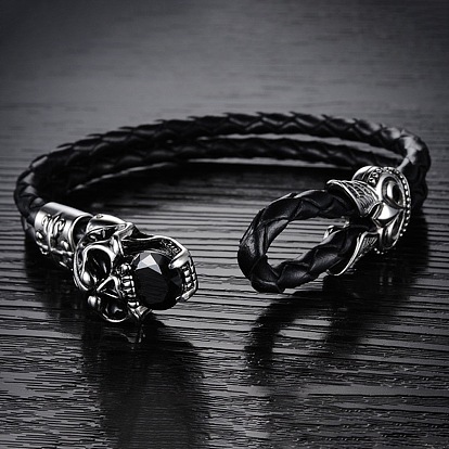Cowhide Leather Double Layer Multi-strand Bracelet, Gothic Bracelet with Cubic Zirconia Skull Clasp for Men