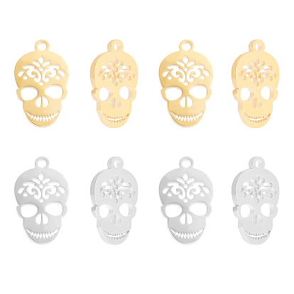 12Pcs 2 Colors 201 Stainless Steel Pendants, Manual Polishing, Sugar Skull, For Mexico Holiday Day of the Dead