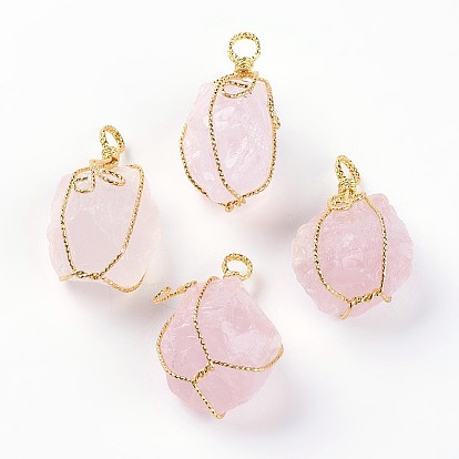 Natural Rose Quartz Big Pendants, with Golden Plated Brass Wire, Nuggets