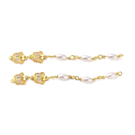 Rack Plating Brass Pave Glass Butterfly Links Connector Charms, with ABS Plastic Imitation Pearl Beads