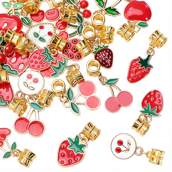 30Pcs Alloy Enamel European Dangle Charms, Large Hole Pendants, Fruits