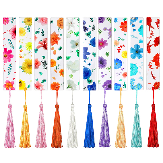 20шт 10цвета акриловые закладки, подвесной маркер для книг с кисточкой из полиэстера, прямоугольник с цветочным узором