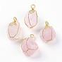 Natural Rose Quartz Big Pendants, with Golden Plated Brass Wire, Nuggets