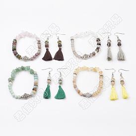 Natural/Synthetic Gemstone Jewelry Sets, Bracelets & Dangle Earrings, with Brass Finding and Cotton Thread Tassels