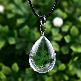 Dried Clover In Glass Ball Pendant Necklace, Alloy Jewelry for Women