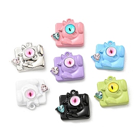 Spray Painted Alloy Pendants, with Glass & Rhinestone, Lead Free & Cadmium Free, Square with Monster Charm