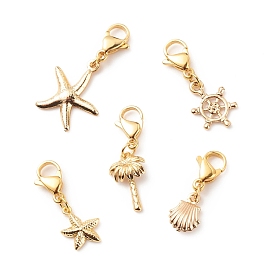 Décorations pendantes en laiton, breloques fermoir mousqueton, breloques à clipser, thème de la plage, forme d'étoile de mer et de cocotier et de barre et de coquille