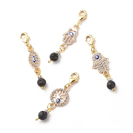Alloy Rhinestone Evil Eye Pendant Decoration Findings, with Natural Lava Rock Beads, Lobster Clasp Charms, Clip-on Charms, Mixed Shapes
