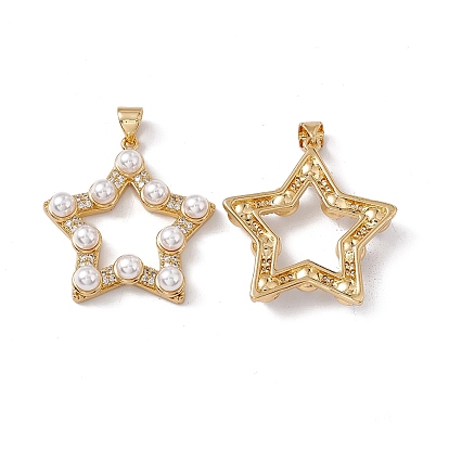 Brass Micro Pave Cubic Zirconia Pendants, Cadmium Free & Lead Free, with ABS Imitation Pearl, Hollow Star Charm