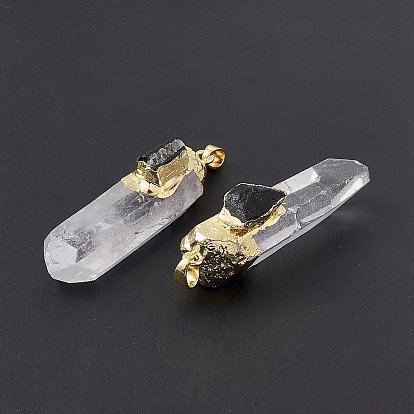 Natural Quartz Crystal Pointed Big Pendants, Natural Gems Faceted Bullet Charms, with Rack Plating Gloden Brass Tone Findings, Cadmium Free & Lead Free
