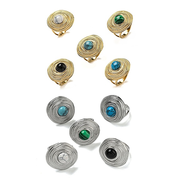 304 открытые манжеты из нержавеющей стали, Кольца на круглые пальцы с синтетическим малахитом и бирюзой для женщин и мужчин